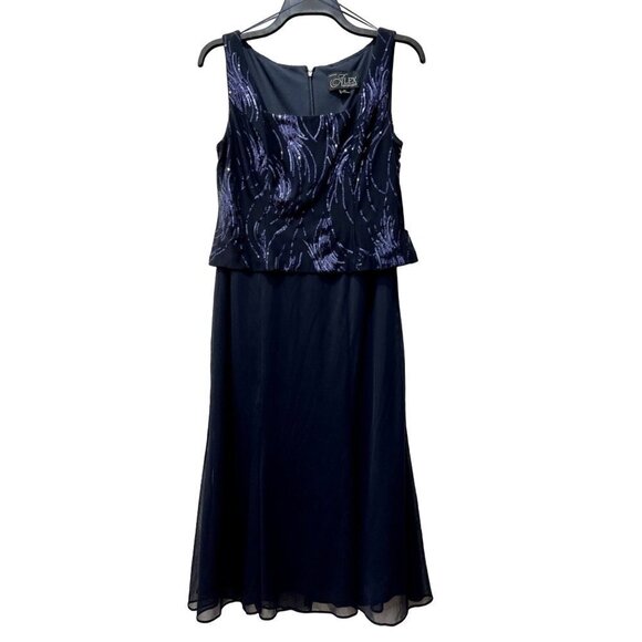 NWT Alex Evenings Size 8P Square Neck Sequin Waves Midi Dress Navy *Dress Only* - Picture 3 of 12